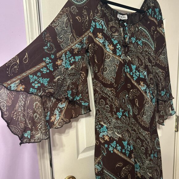 Marla Kim brown and blue asymmetrical paisley dress - Picture 2 of 5